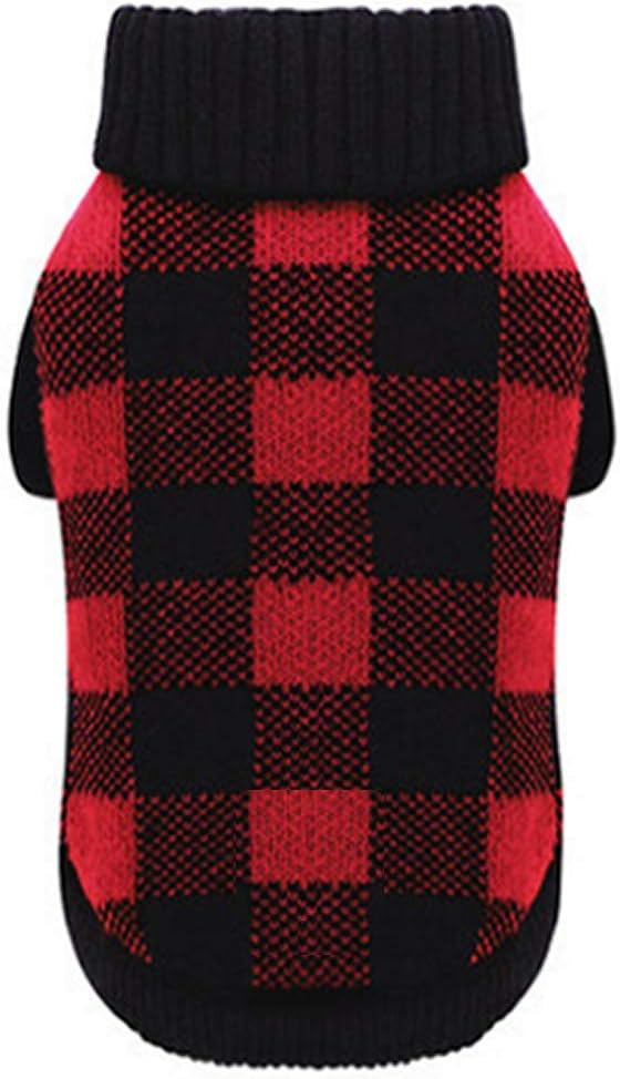 White Black Plaid Christmas Dog Sweater, Holiday Turtleneck Pet Sweater for Small Dogs, Cat Warm Coat Apparel, Winter Knitwear Pet Clothes for Cold Weather Small (S) 12"