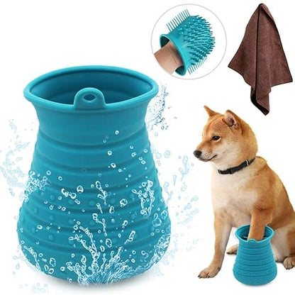 Dog Paw Cleaner Cup with Towel Pet Foot Washer Protable Dogs Cleaning Brush for Puppy Cats Massage Grooming Dirty Claws (Purple)