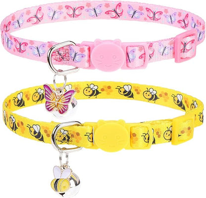 Breakaway Cat Collar with Bell Charm, 2 Packs Adjustable Kitty Collars Pink & Black Skull Pattern, 7.8-11.8 In