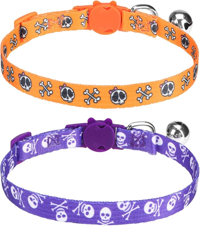 Breakaway Cat Collar with Bell Charm, 2 Packs Adjustable Kitty Collars Pink & Black Skull Pattern, 7.8-11.8 In