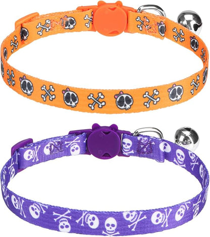 Breakaway Cat Collar with Bell Charm, 2 Packs Adjustable Kitty Collars Pink & Black Skull Pattern, 7.8-11.8 In