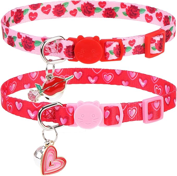 Breakaway Cat Collar with Bell Charm, 2 Packs Adjustable Kitty Collars Pink & Black Skull Pattern, 7.8-11.8 In